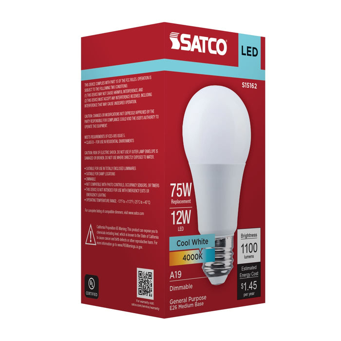 SATCO/NUVO 12W LED A19 Medium E26 Base 4000K 80 CRI Plastic Dimmable 120V (S15162)