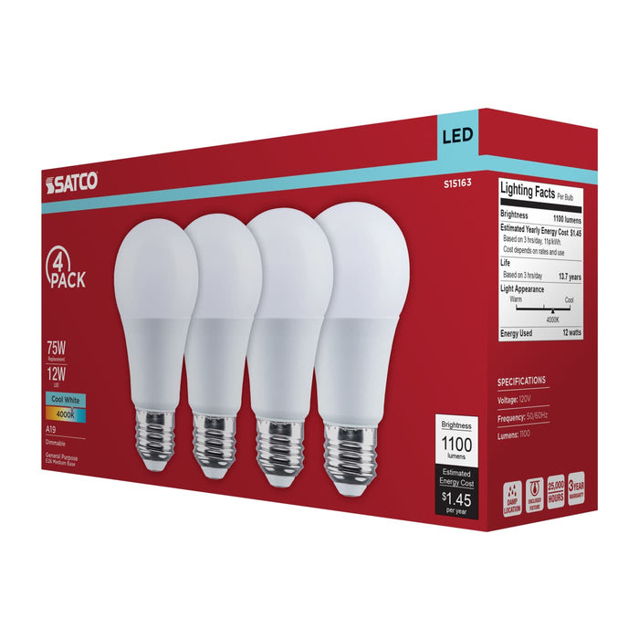 SATCO/NUVO 12W LED A19 Medium E26 Base 4000K 80 CRI Plastic Dimmable 120V 4-Pack (S15163)