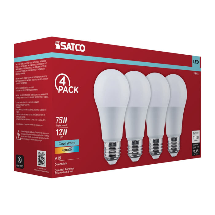 SATCO/NUVO 12W LED A19 Medium E26 Base 4000K 80 CRI Plastic Dimmable 120V 4-Pack (S15163)