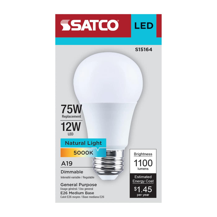 SATCO/NUVO 12W LED A19 Medium E26 Base 5000K 80 CRI Plastic Dimmable 120V (S15164)