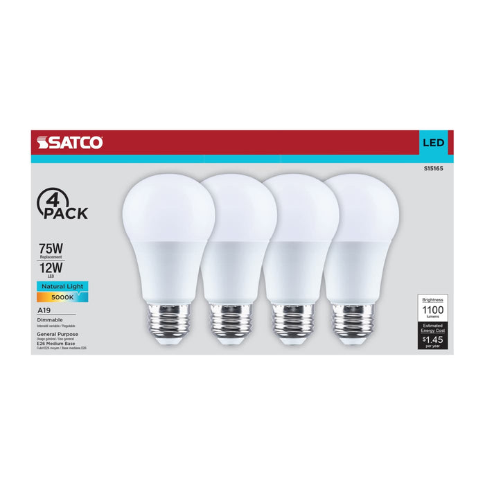 SATCO/NUVO 12W LED A19 Medium E26 Base 5000K 80 CRI Plastic Dimmable 120V 4-Pack (S15165)