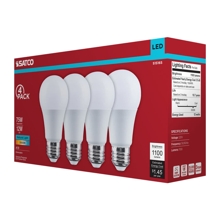 SATCO/NUVO 12W LED A19 Medium E26 Base 5000K 80 CRI Plastic Dimmable 120V 4-Pack (S15165)