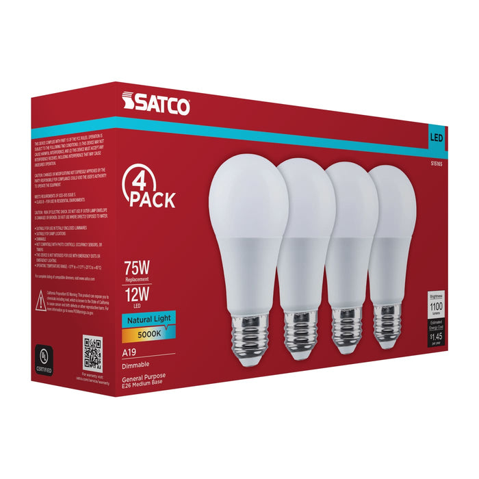 SATCO/NUVO 12W LED A19 Medium E26 Base 5000K 80 CRI Plastic Dimmable 120V 4-Pack (S15165)