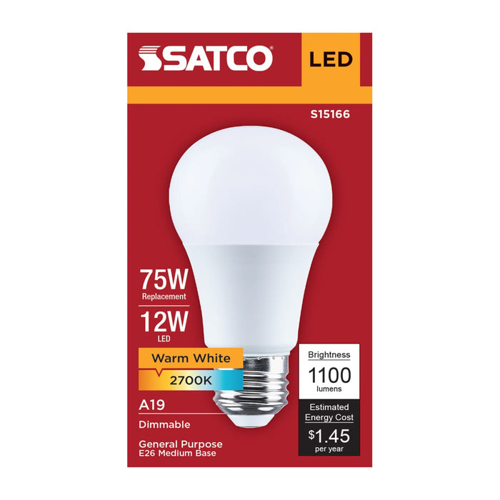 SATCO/NUVO 12W LED A19 Medium E26 Base 2700K 90 CRI Plastic Dimmable 120V (S15166)