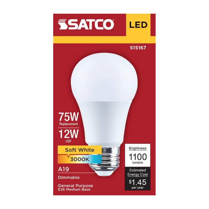 SATCO/NUVO 12W LED A19 Medium E26 Base 3000K 90 CRI Plastic Dimmable 120V (S15167)