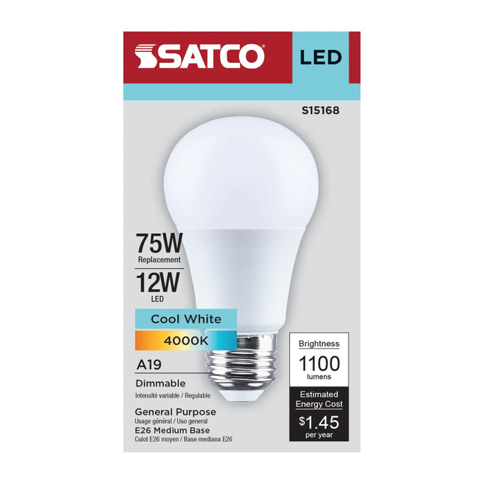 SATCO/NUVO 12W LED A19 Medium E26 Base 4000K 90 CRI Plastic Dimmable 120V (S15168)