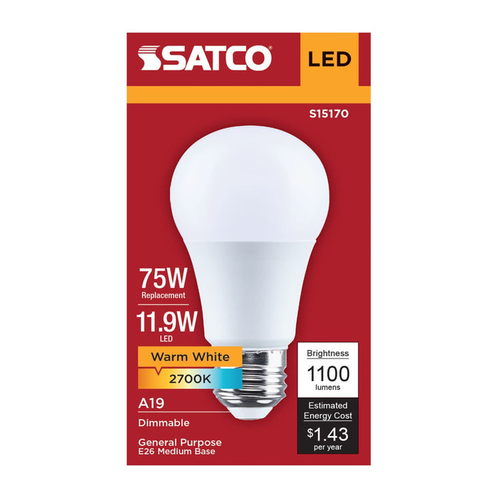 SATCO/NUVO 11.9W LED A19 Medium E26 Base 2700K 90 CRI Plastic Dimmable 120V (S15170)