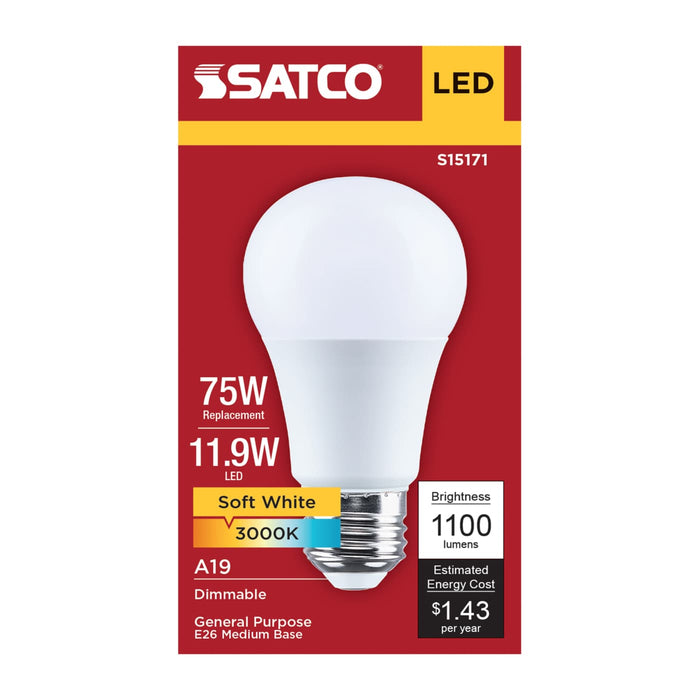 SATCO/NUVO 11.9W LED A19 Medium E26 Base 3000K 90 CRI Plastic Dimmable 120V (S15171)