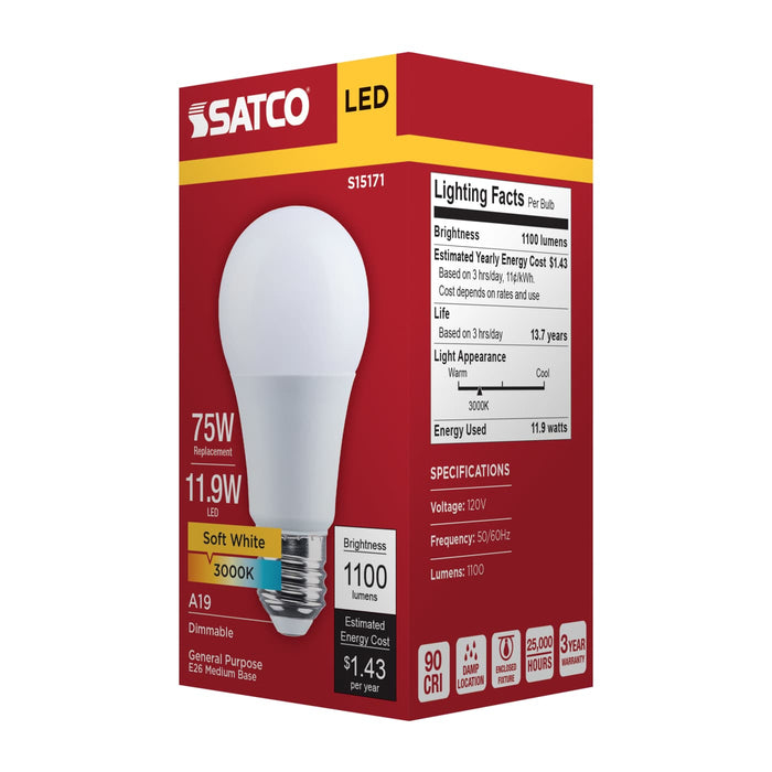 SATCO/NUVO 11.9W LED A19 Medium E26 Base 3000K 90 CRI Plastic Dimmable 120V (S15171)
