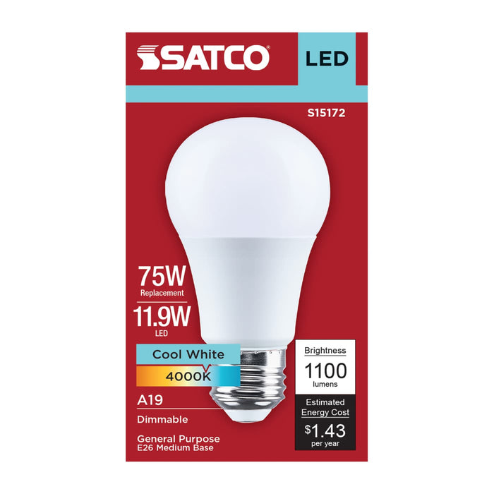 SATCO/NUVO 11.9W LED A19 Medium E26 Base 4000K 90 CRI Plastic Dimmable 120V (S15172)