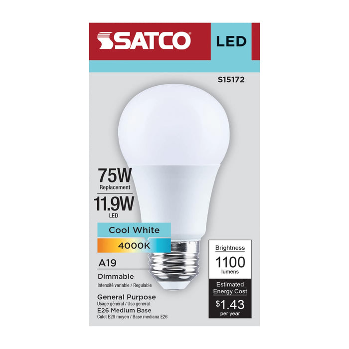 SATCO/NUVO 11.9W LED A19 Medium E26 Base 4000K 90 CRI Plastic Dimmable 120V (S15172)