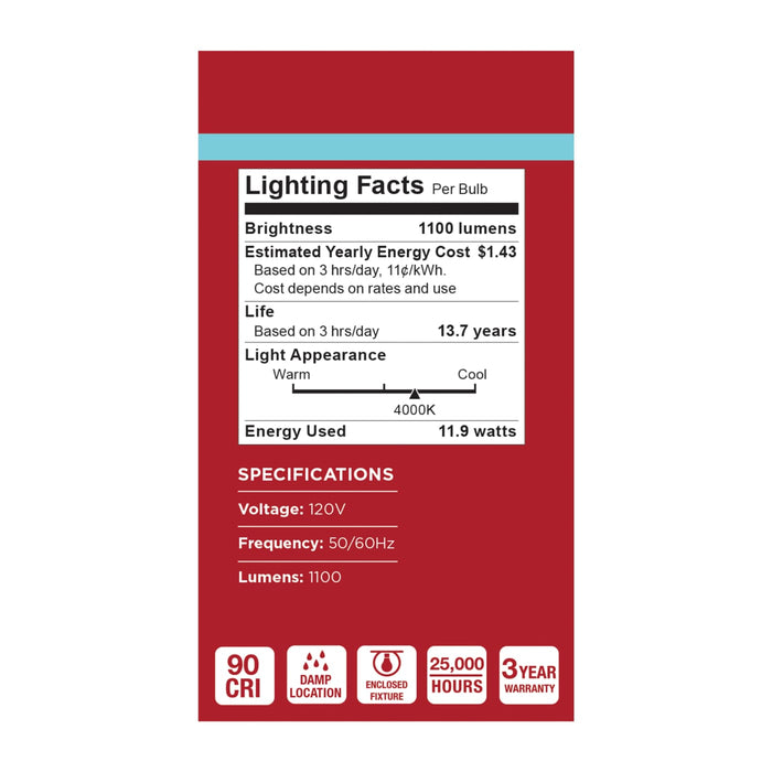 SATCO/NUVO 11.9W LED A19 Medium E26 Base 4000K 90 CRI Plastic Dimmable 120V (S15172)