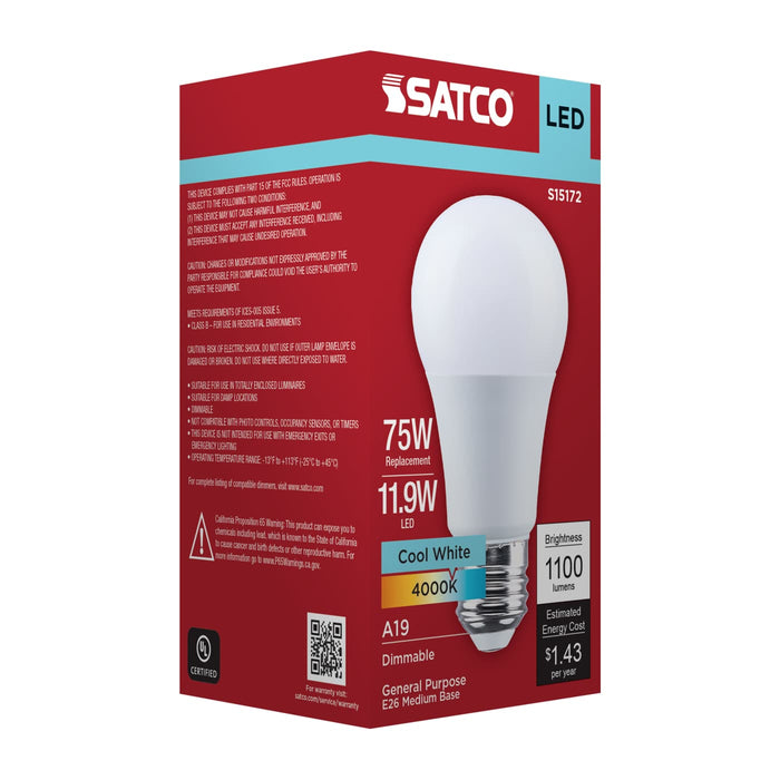 SATCO/NUVO 11.9W LED A19 Medium E26 Base 4000K 90 CRI Plastic Dimmable 120V (S15172)