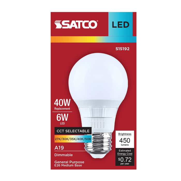 SATCO/NUVO 6W LED A19 Medium E26 Base CCT Selectable 2700K/3000K/3500K/4000K/5000K 90 CRI Plastic Dimmable 120V (S15192)