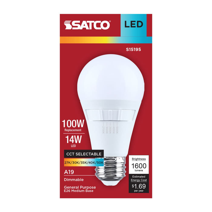 SATCO/NUVO 14W LED A19 Medium E26 Base CCT Selectable 2700K/3000K/3500K/4000K/5000K 90 CRI Plastic Dimmable 120V (S15195)