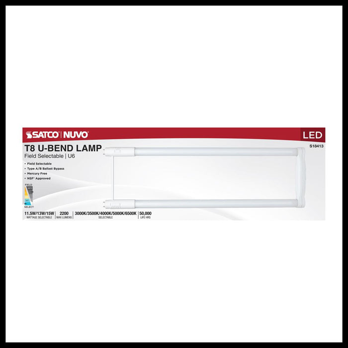 SATCO/NUVO LED T8 U-Bend G13 Base Wattage/CCT Selectable 11.5W/13W/15W 3000K/3500K/4000K/5000K/6500K 6-Inch Frost Finish 120-277V (S18413)