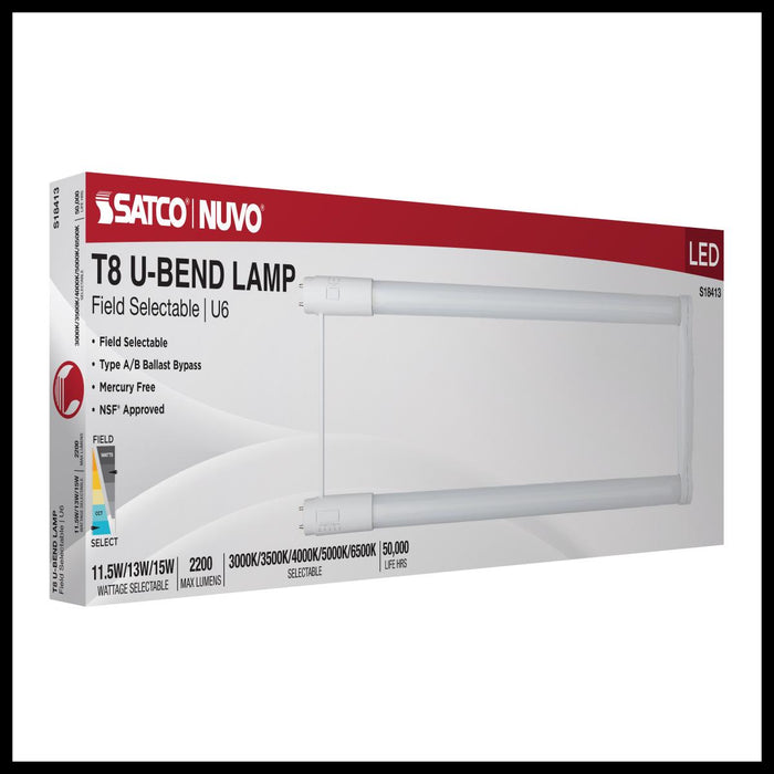 SATCO/NUVO LED T8 U-Bend G13 Base Wattage/CCT Selectable 11.5W/13W/15W 3000K/3500K/4000K/5000K/6500K 6-Inch Frost Finish 120-277V (S18413)