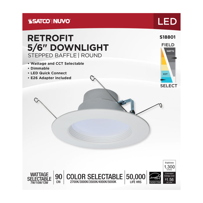 SATCO/NUVO LED Retrofit Downlight Wattage/CCT Selectable 7W/10W/13W 120V Colorquick And Powerquick Technology Round White Finish (S18801)