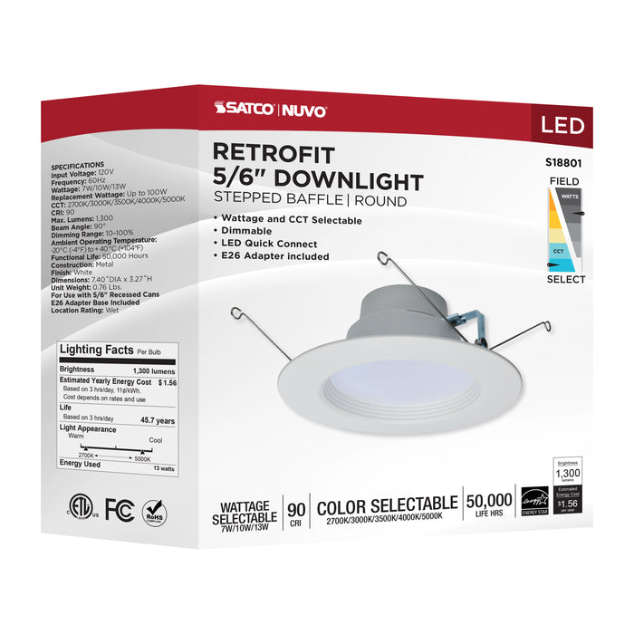 SATCO/NUVO LED Retrofit Downlight Wattage/CCT Selectable 7W/10W/13W 120V Colorquick And Powerquick Technology Round White Finish (S18801)