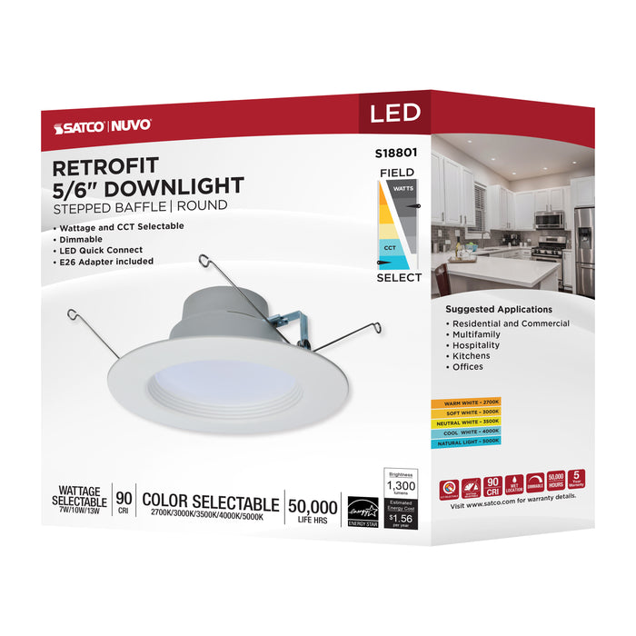 SATCO/NUVO LED Retrofit Downlight Wattage/CCT Selectable 7W/10W/13W 120V Colorquick And Powerquick Technology Round White Finish (S18801)