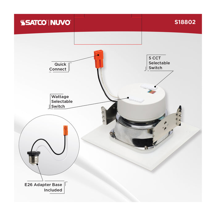 SATCO/NUVO LED Retrofit Downlight Wattage/CCT Selectable 5.5W/6.5W/8W 120V Colorquick And Powerquick Technology Square White Finish (S18802)