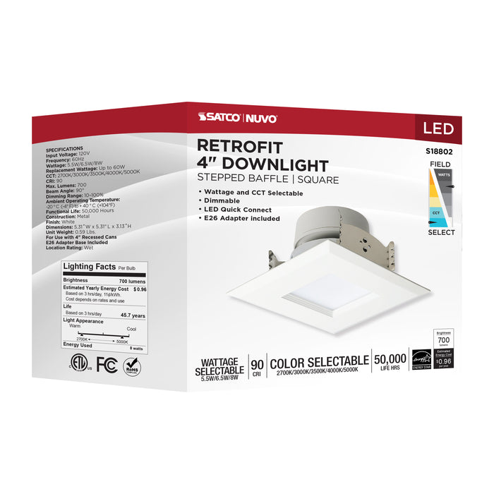 SATCO/NUVO LED Retrofit Downlight Wattage/CCT Selectable 5.5W/6.5W/8W 120V Colorquick And Powerquick Technology Square White Finish (S18802)