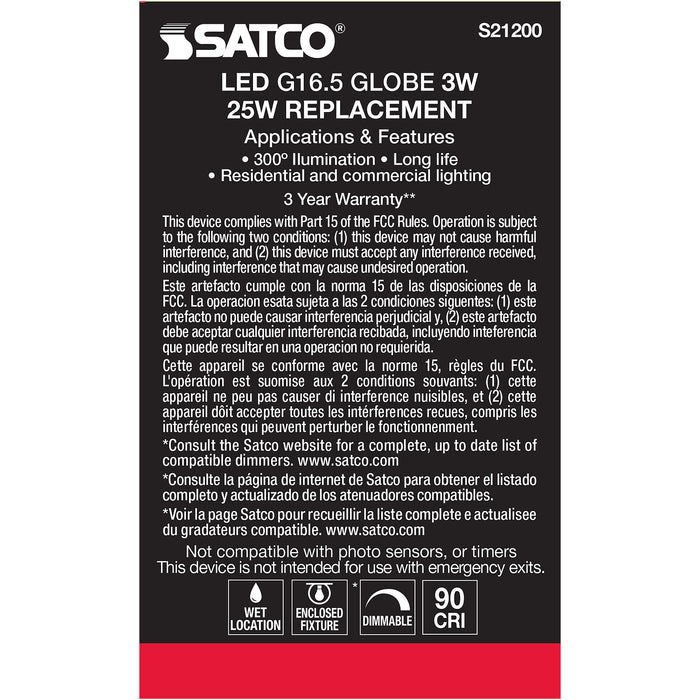 SATCO/NUVO 3W G16.5 LED Clear Candelabra Base 90 CRI 2700K 120V (S21200)