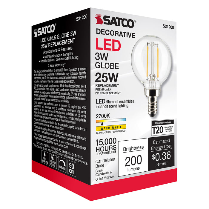 SATCO/NUVO 3W G16.5 LED Clear Candelabra Base 90 CRI 2700K 120V (S21200)