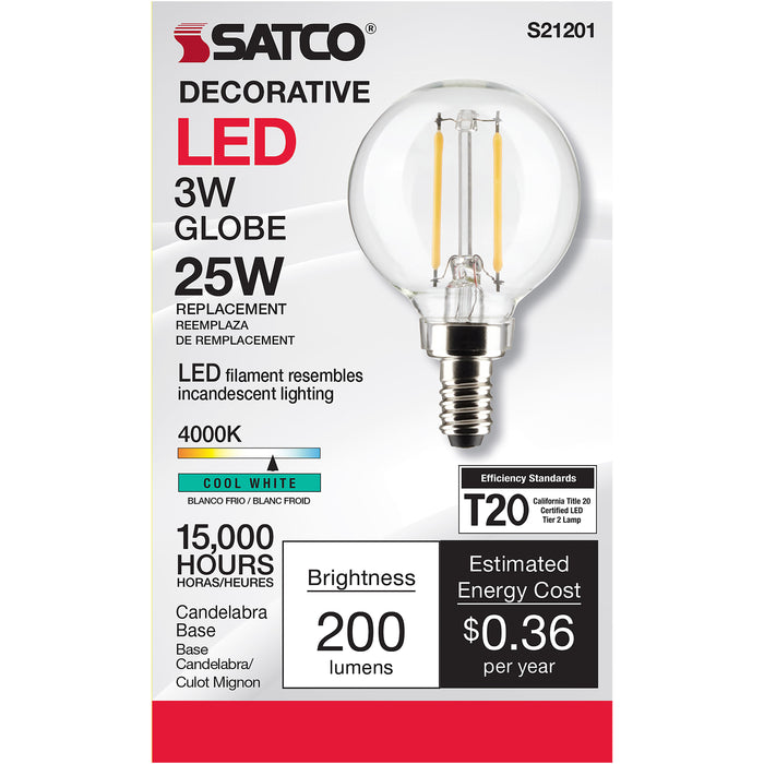 SATCO/NUVO 3W G16.5 LED Clear Candelabra Base 90 CRI 4000K 120V (S21201)