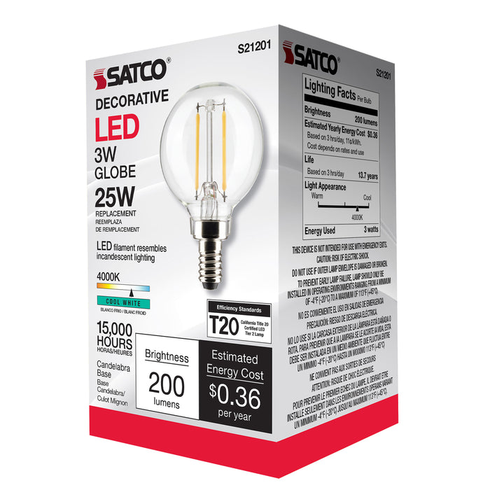 SATCO/NUVO 3W G16.5 LED Clear Candelabra Base 90 CRI 4000K 120V (S21201)