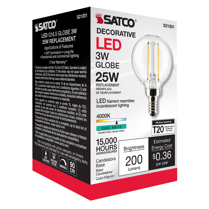 SATCO/NUVO 3W G16.5 LED Clear Candelabra Base 90 CRI 4000K 120V (S21201)