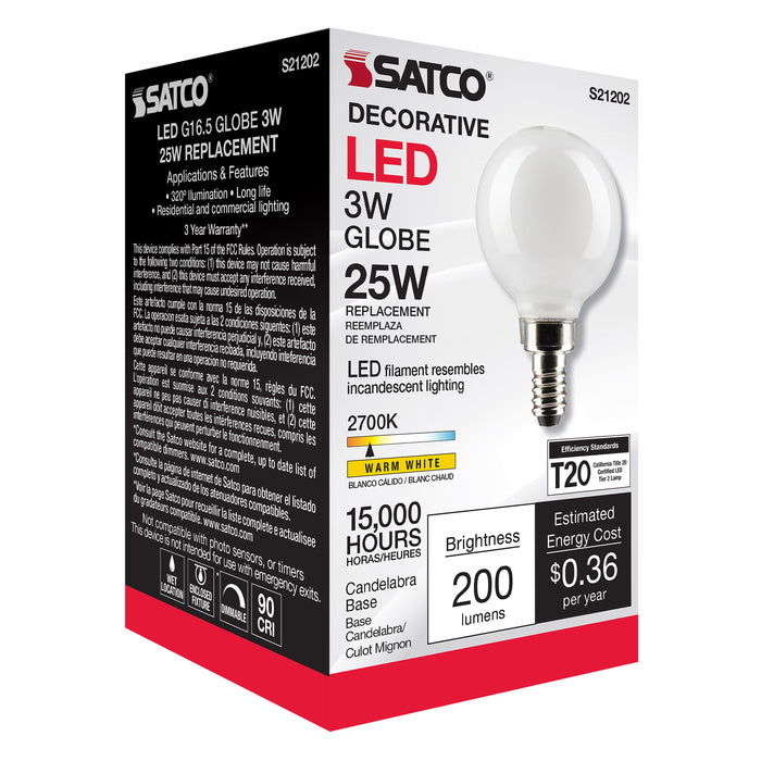 SATCO/NUVO 3W G16.5 LED White Candelabra Base 90 CRI 2700K 120V (S21202)