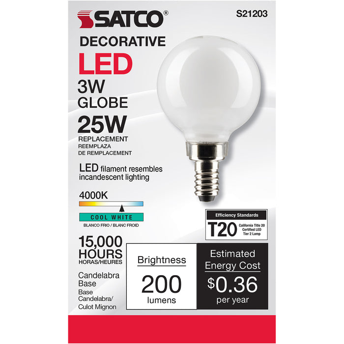 SATCO/NUVO 3W G16.5 LED White Candelabra Base 90 CRI 4000K 120V (S21203)