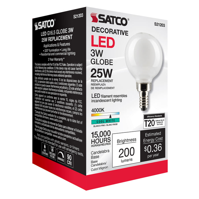 SATCO/NUVO 3W G16.5 LED White Candelabra Base 90 CRI 4000K 120V (S21203)