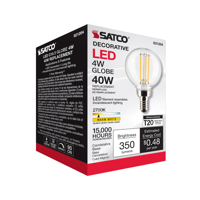 SATCO/NUVO 4W G16.5 LED Clear Candelabra Base 90 CRI 2700K 120V (S21204)