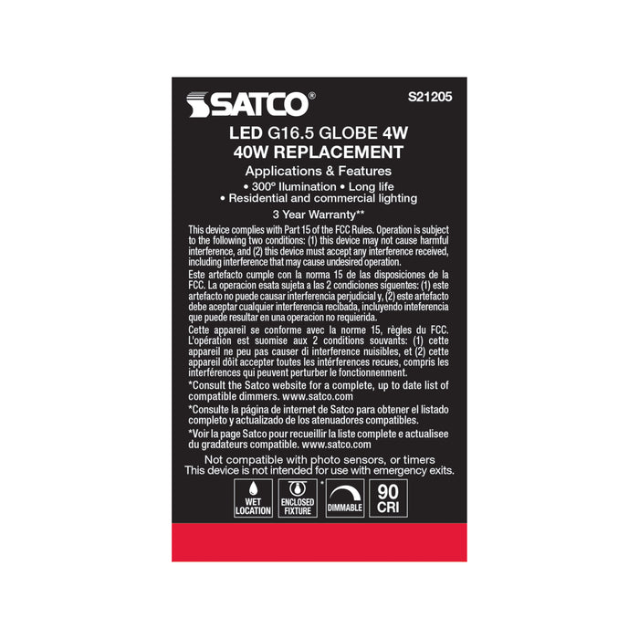 SATCO/NUVO 4W G16.5 LED Clear Candelabra Base 90 CRI 3000K 120V (S21205)