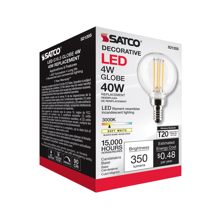 SATCO/NUVO 4W G16.5 LED Clear Candelabra Base 90 CRI 3000K 120V (S21205)