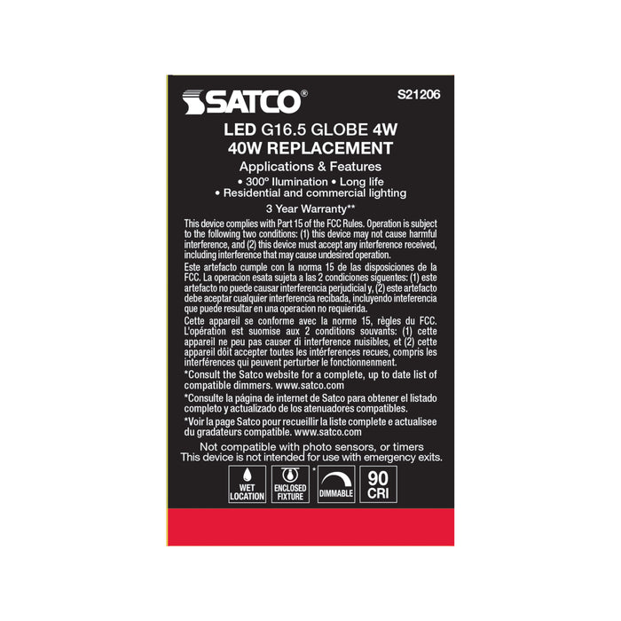 SATCO/NUVO 4W G16.5 LED Clear Candelabra Base 90 CRI 4000K 120V (S21206)