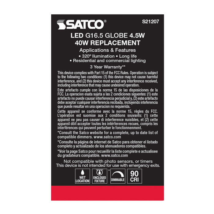 SATCO/NUVO 4.5W G16.5 LED White Candelabra Base 90 CRI 2700K 120V (S21207)