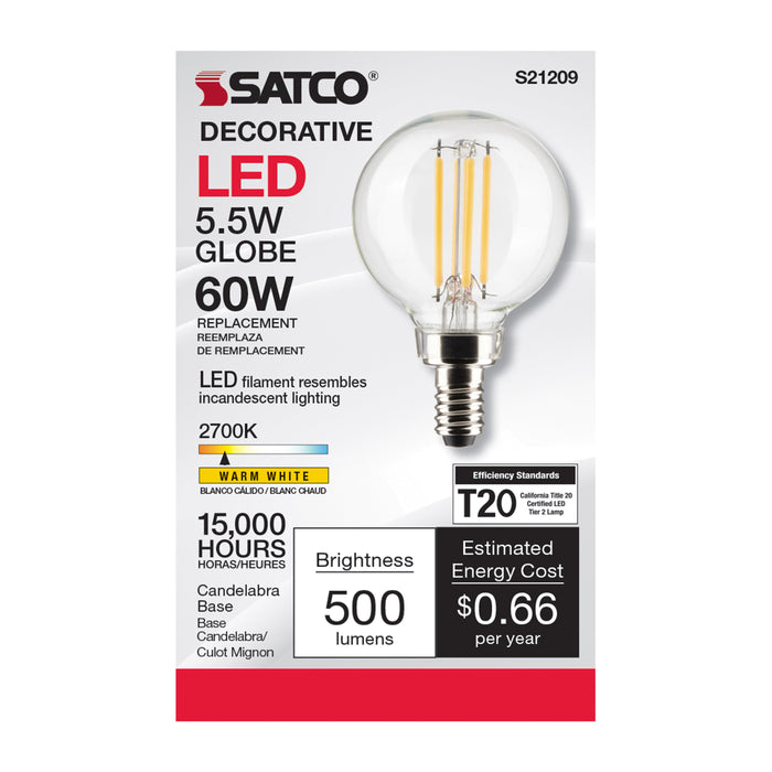 SATCO/NUVO 5.5W G16.5 LED Clear Candelabra Base 90 CRI 2700K 120V (S21209)