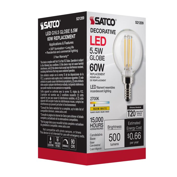 SATCO/NUVO 5.5W G16.5 LED Clear Candelabra Base 90 CRI 2700K 120V (S21209)