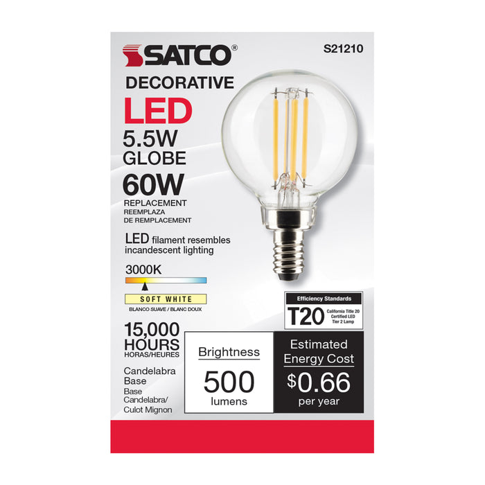 SATCO/NUVO 5.5W G16.5 LED Clear Candelabra Base 90 CRI 3000K 120V (S21210)