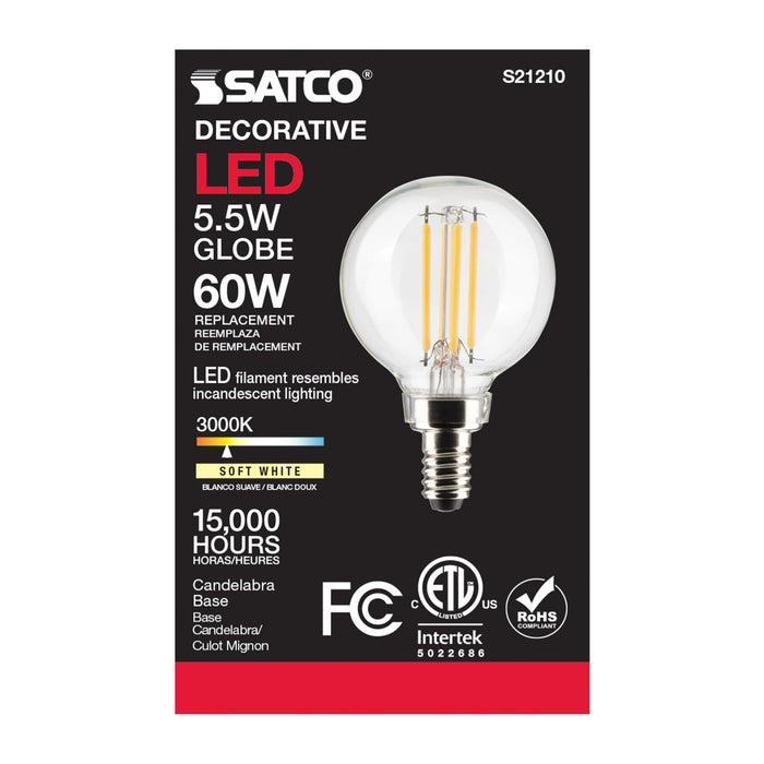 SATCO/NUVO 5.5W G16.5 LED Clear Candelabra Base 90 CRI 3000K 120V (S21210)