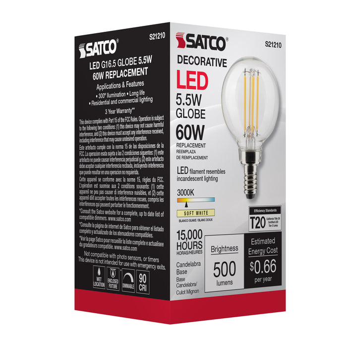 SATCO/NUVO 5.5W G16.5 LED Clear Candelabra Base 90 CRI 3000K 120V (S21210)