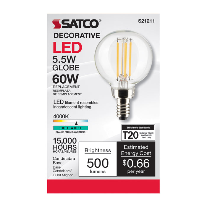 SATCO/NUVO 5.5W G16.5 LED Clear Candelabra Base 90 CRI 4000K 120V (S21211)