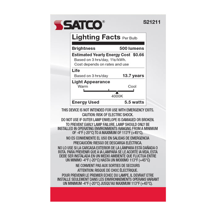 SATCO/NUVO 5.5W G16.5 LED Clear Candelabra Base 90 CRI 4000K 120V (S21211)