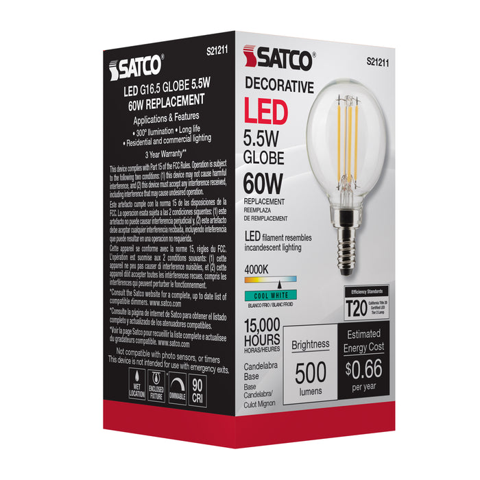 SATCO/NUVO 5.5W G16.5 LED Clear Candelabra Base 90 CRI 4000K 120V (S21211)