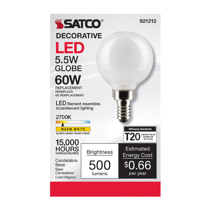 SATCO/NUVO 5.5W G16.5 LED White Candelabra Base 90 CRI 2700K 120V (S21212)