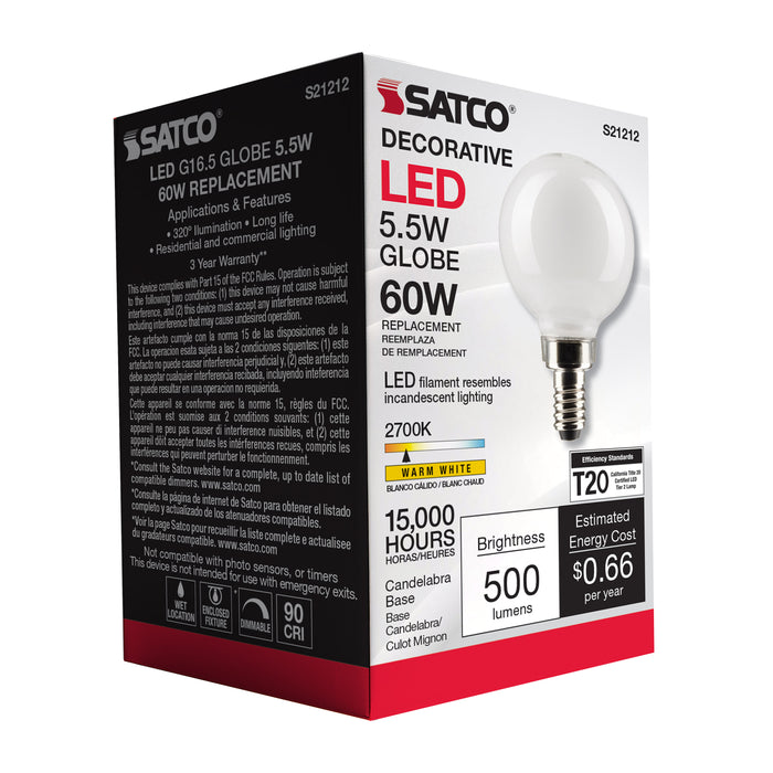 SATCO/NUVO 5.5W G16.5 LED White Candelabra Base 90 CRI 2700K 120V (S21212)
