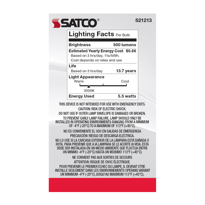 SATCO/NUVO 5.5W G16.5 LED White Candelabra Base 90 CRI 3000K 120V (S21213)